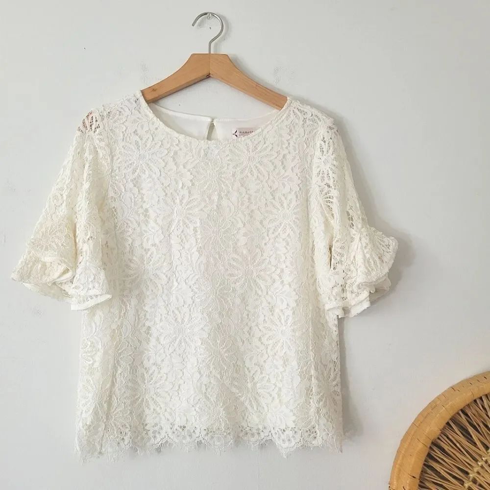 Nanette Lepore White Lace Top Ruffle Sleeve S